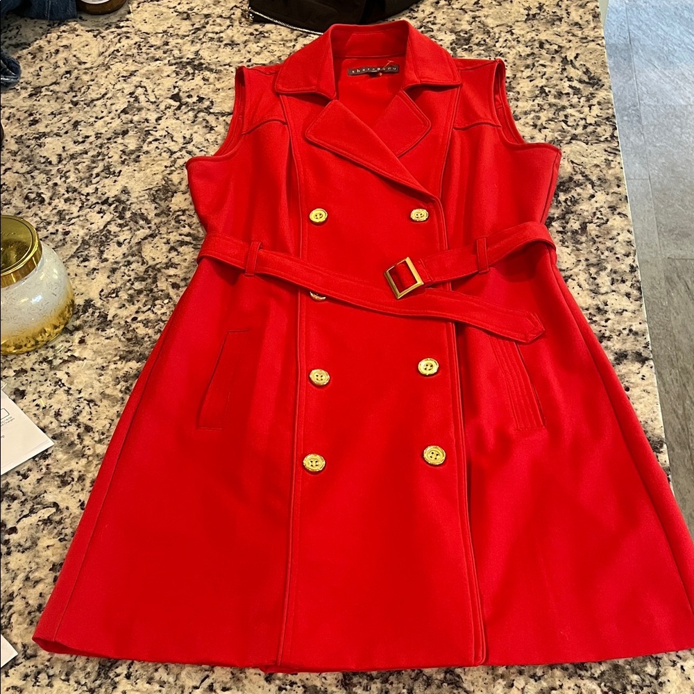 Sharagano Sleeveless Red Double-Breasted Belted Coat